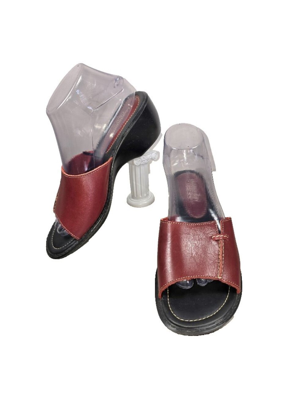 Montego Bay Womens Red burgundy Leather Sandal Sz 8.5M Slide Block Heel Peep Toe